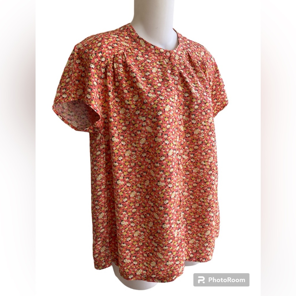 Old Navy Button Up Bouse Shirt Cap Sleeve Orange Yellow Flora Size XS New